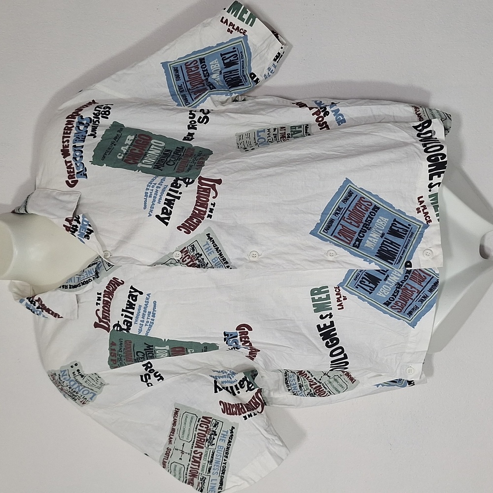Vintage White Graphic Railroad Casual Button Down Shirt